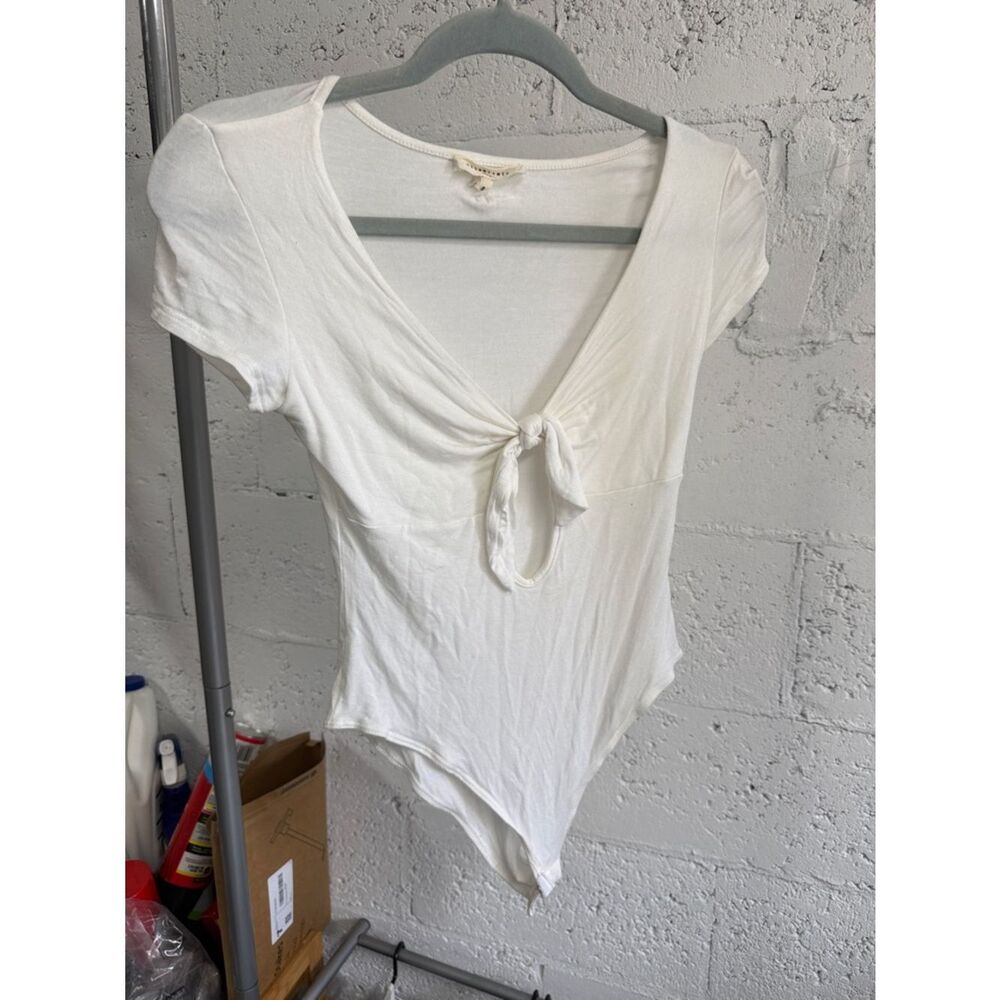 White Tie-Front Women's Bodysuit - Short Sleeve - WASABI & MINT- Size Small